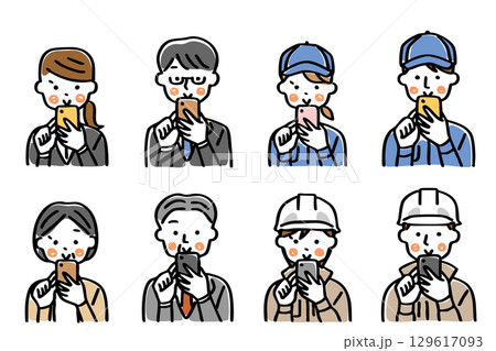 スマートフォンを操作する仕事着の人物のイラストセット 129617093