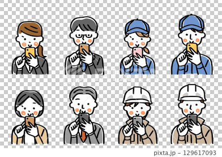 スマートフォンを操作する仕事着の人物のイラストセット 129617093