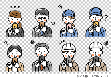 Illustration set of a person in work clothes operating a smartphone _ troubled 129617094