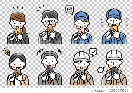 スマートフォンを操作する仕事着の人物のイラストセット＿笑顔 129617095