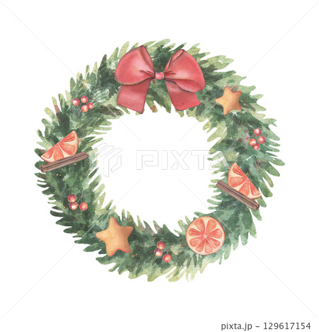 Fir wreath, bow-knot, stars, orange slices, cinnamon sticks, berries. Hand-painted watercolor illustration isolated on white for holiday cards, invitations, branding, packaging, holiday design Fir wreath, bow-knot, stars, orange slices, cinnamon sticks, berries. Hand-painted watercolor illustration isolated on white for holiday cards, invitations, branding, packaging, holiday design 129617154