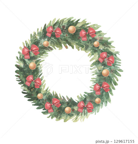 Fir wreath with bow-knots, balls. Hand-painted watercolor illustration of winter decor isolated on white background for holiday cards, invitations, branding, packaging, holiday design 129617155