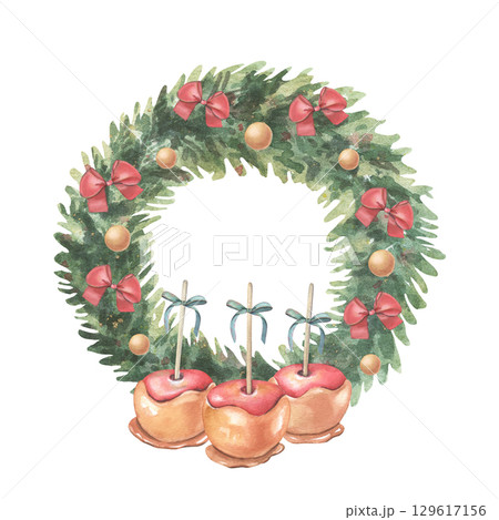 Fir wreath with bow-knots, balls, caramel apples. Hand-painted watercolor illustration of winter decor isolated on white background for holiday cards, invitations, branding, packaging, holiday design Fir wreath with bow-knots, balls, caramel apples. Hand-painted watercolor illustration of winter decor isolated on white background for holiday cards, invitations, branding, packaging, holiday design 129617156