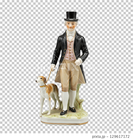 Vintage porcelain figurine of an english gentleman in a top hat walking with his hound dog 129617172