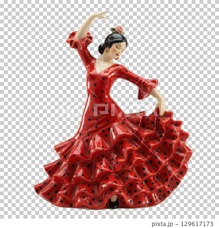 Porcelain figurine of a spanish flamenco dancer in a traditional red polka dot dress pose 129617173