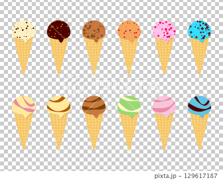 アイスクリーム　コーン　アイス　イラスト　セット（ バニラ　オレンジ　チョコレート　抹茶　ストロベリ 129617187