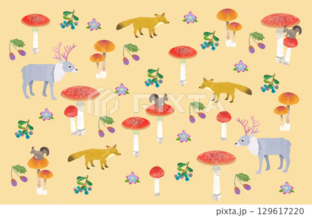 きのこと動物の背景イラスト きのこと動物の背景イラスト 129617220