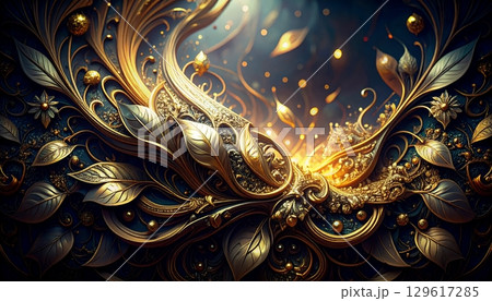 金の装飾的な葉と花の幻想デザインと光輝く装飾 129617285