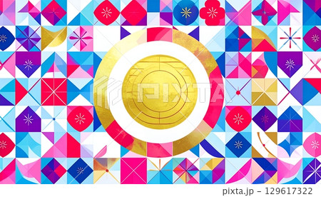 金色の円を中心にしたカラフル幾何学模様 129617322