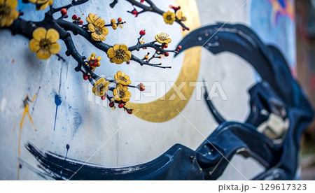 金色の梅の花と月、抽象的な波 129617323