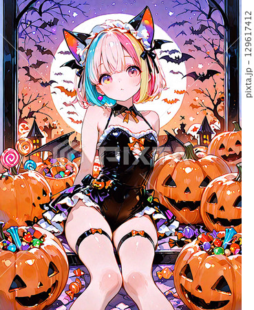 猫耳とカラフル髪が可愛いハロウィンの女の子 満月とジャック・オー・ランタンが楽しい夜を演出 猫耳とカラフル髪が可愛いハロウィンの女の子 満月とジャック・オー・ランタンが楽しい夜を演出 129617412