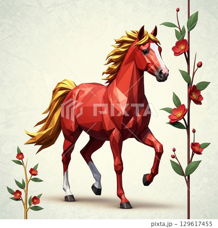 【Design Material】Geometric Red Horse with Plum Blo 129617455