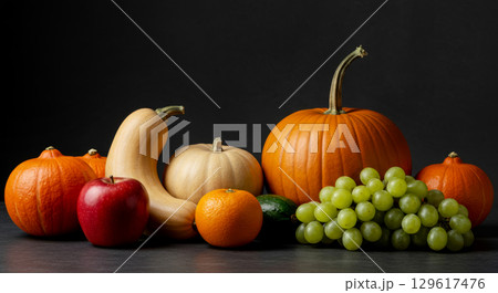 A bountiful autumn harvest still life with pumpkins, squash, grapes, and an apple against a dark background. 129617476