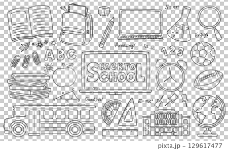 学校や教室の手書きかわいいイラストセット_新学期や入学・勉強に_線画の落書き風シンボル 129617477