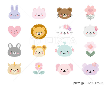 かわいい動物と花とハートのイラストアイコンセット（ゆるくて癒し系のキャラクターデザイン）3 129617503