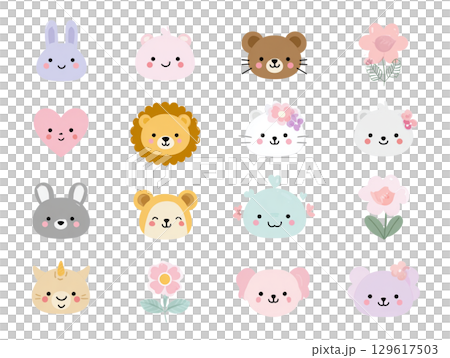 かわいい動物と花とハートのイラストアイコンセット（ゆるくて癒し系のキャラクターデザイン）3 129617503