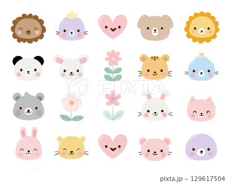 かわいい動物と花とハートのイラストアイコンセット（ゆるくて癒し系のキャラクターデザイン）2 129617504