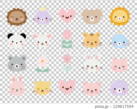 かわいい動物と花とハートのイラストアイコンセット（ゆるくて癒し系のキャラクターデザイン）2 129617504
