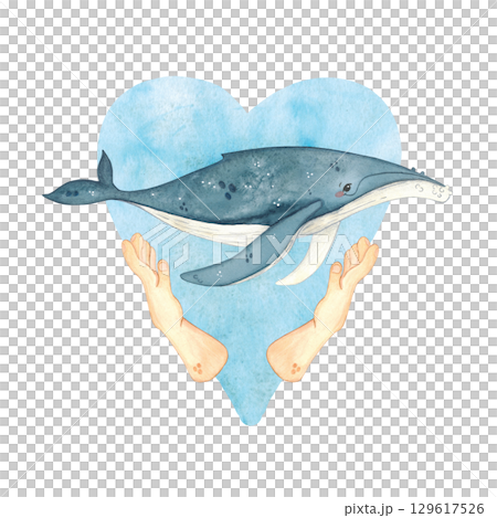 Blue watercolor heart with whale and human hands, watercolor illustration. Ecological emblem for whale day for poster, children's books, print. Biology, ecology, whale, animals, ocean, heart, love 129617526