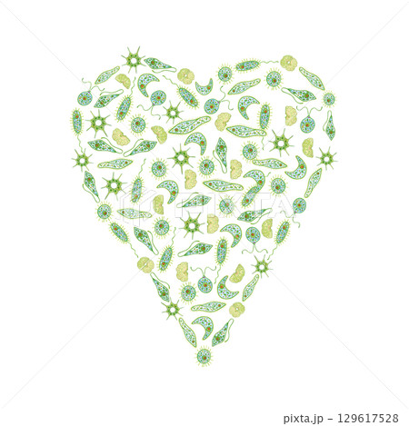 Heart made of green unicellular organisms, phytoplankton on white background. Watercolor illustration, hand drawn in cartoon style. Drawing for stickers, book, poster. Biology, ecology, animal, nature 129617528