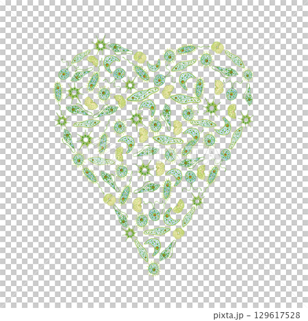 Heart made of green unicellular organisms, phytoplankton on white background. Watercolor illustration, hand drawn in cartoon style. Drawing for stickers, book, poster. Biology, ecology, animal, nature 129617528