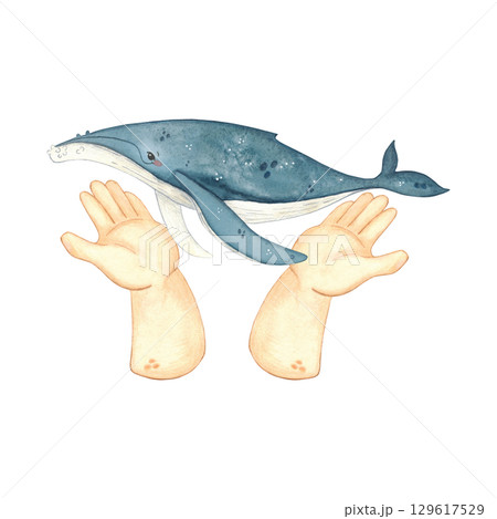 Whale in human hands, whale day, watercolor illustration. Ecological scene with a call to protect marine animals for poster, children's books, print. Biology, ecology, whale day, animals, ocean, 129617529