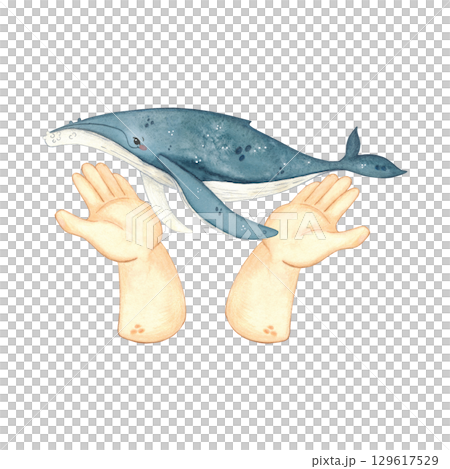 Whale in human hands, whale day, watercolor illustration. Ecological scene with a call to protect marine animals for poster, children's books, print. Biology, ecology, whale day, animals, ocean, 129617529
