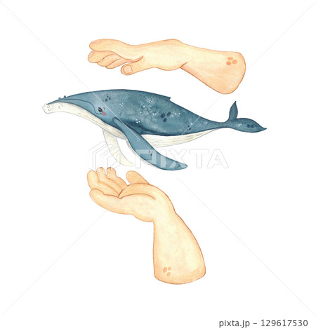 Human hands hugging whale, whale day, watercolor illustration. Ecological scene with a call to protect marine animals for poster, children's books, print. Biology, ecology, whale day, animals, ocean 129617530