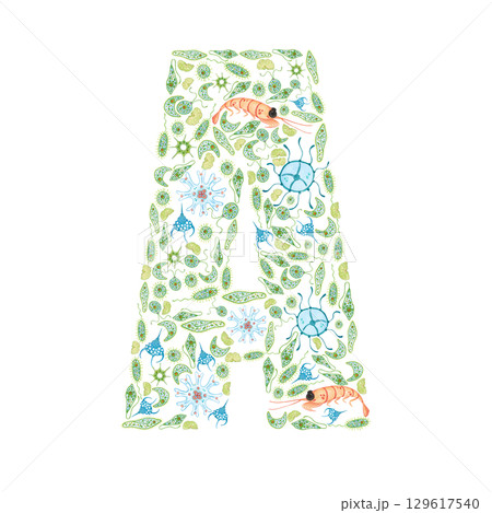 Letter A made of blue-green microorganisms, jellyfish and krill, plankton. Watercolor illustration hand drawn for stickers, posters, print. Ecology, biology, phytoplankton, bacteria 129617540
