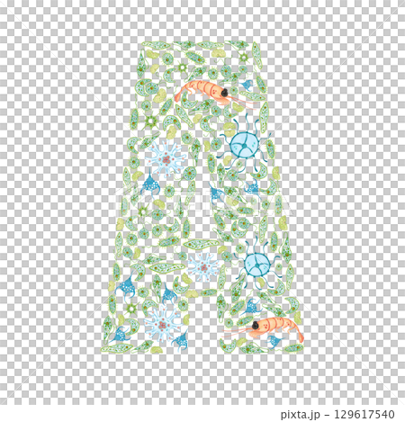 Letter A made of blue-green microorganisms, jellyfish and krill, plankton. Watercolor illustration hand drawn for stickers, posters, print. Ecology, biology, phytoplankton, bacteria 129617540