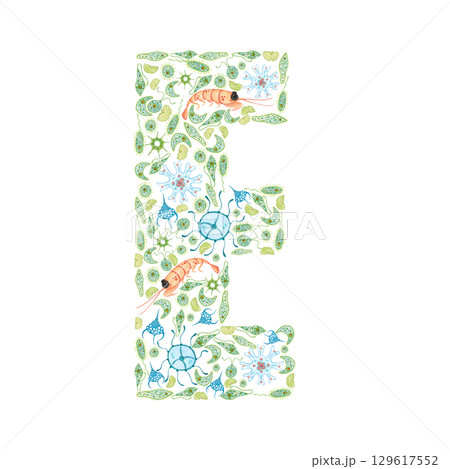 Letter E made of blue-green microorganisms, jellyfish and krill, plankton. Watercolor illustration hand drawn for stickers, posters, print. Ecology, biology, phytoplankton, bacteria 129617552