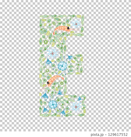 Letter E made of blue-green microorganisms, jellyfish and krill, plankton. Watercolor illustration hand drawn for stickers, posters, print. Ecology, biology, phytoplankton, bacteria 129617552