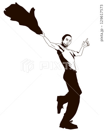 シンプル線画のポーズイラスト：ジャケットを持って踊る男性のシルエット 129617573