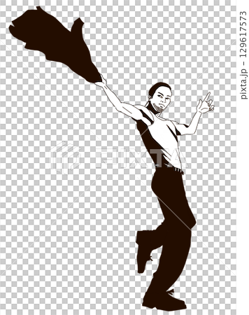 シンプル線画のポーズイラスト：ジャケットを持って踊る男性のシルエット 129617573