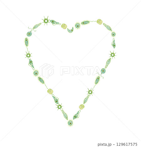 Heart shaped frame made of green single-celled organisms, phytoplankton on white background. Watercolor illustration hand drawn in cartoon style. Drawing for stickers, book, poster. Biology, ecology 129617575