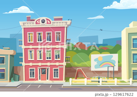 red house with playground in cartoon style 129617622