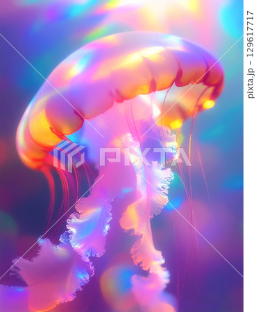 水中にいる透明なクラゲの幻想的なイラスト 129617717