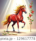 【Design Material】Red Horse with Spring Flowers 129617778