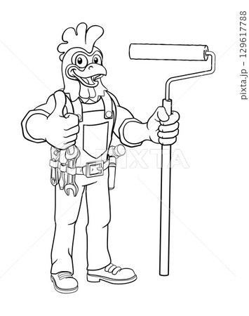 Rooster Painter Decorator Paint Roller Mascot Rooster Painter Decorator Paint Roller Mascot 129617788