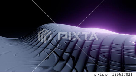 3d rendering. Wave striped surface. Metal ribbed plane with glare of light. Futuristic background 129617821