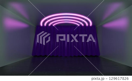 3D rendering. Geometric figure in neon light against a dark theatrical stage with a curtain. Laser glow. 3D rendering. Geometric figure in neon light against a dark theatrical stage with a curtain. Laser glow. 129617826