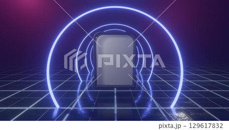 3D Rendering. Geometric figure in neon light against a dark tunnel. Laser glow. 3D Rendering. Geometric figure in neon light against a dark tunnel. Laser glow. 129617832