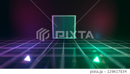 3D Rendering. Geometric figure in neon light against a dark tunnel. Laser glow. 3D Rendering. Geometric figure in neon light against a dark tunnel. Laser glow. 129617834