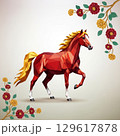 【デザイン素材】赤い馬と梅の花の和モダンデザイン 129617878