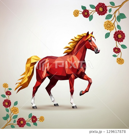 【デザイン素材】赤い馬と梅の花の和モダンデザイン 129617878