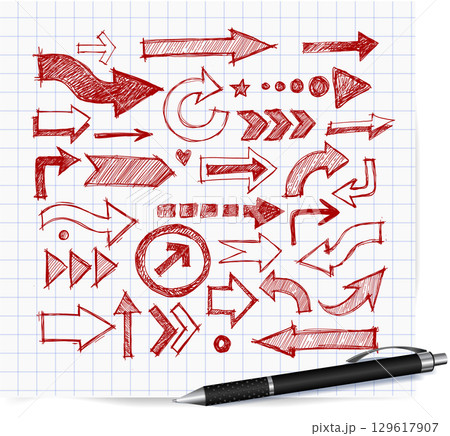 Collcetion of hand-drawn with red pen doodle sketch arrows in various styles and directions, sketched with a rough, artistic feel on lined paper background 129617907