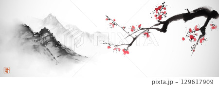 Ink painting of cherry blossom branch and misty mountains. Traditional oriental ink painting sumi-e, u-sin, go-hua. Hieroglyph - clarity. Ink painting of cherry blossom branch and misty mountains. Traditional oriental ink painting sumi-e, u-sin, go-hua. Hieroglyph - clarity. 129617909