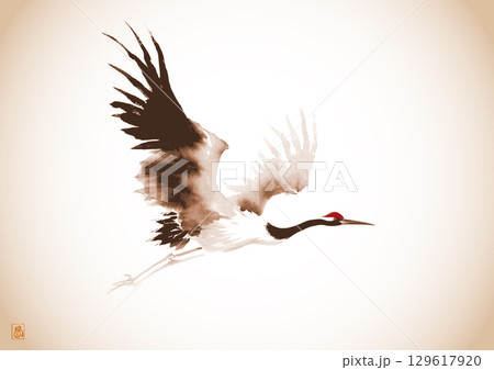 Minimalist ink painting of flying japanese crane in vintage style Traditional oriental ink painting sumi-e, u-sin, go-hua. Hieroglyph - wind Minimalist ink painting of flying japanese crane in vintage style Traditional oriental ink painting sumi-e, u-sin, go-hua. Hieroglyph - wind 129617920
