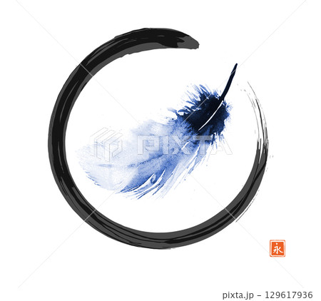 Ink painting of a blue feather in black enso zen circle on white. Traditional Japanese ink wash painting sumi-e. Hieroglyph - eternity 129617936