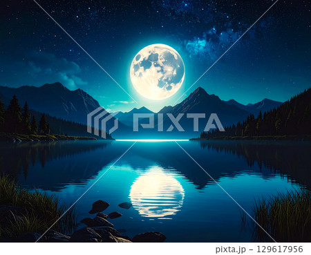 満月が浮かぶ夜の湖と山脈 129617956